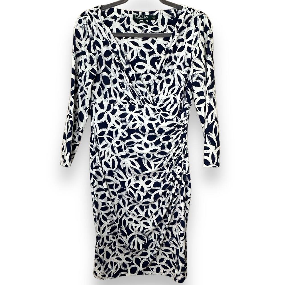 Lauren Ralph Lauren Ruched Sheath Dress Navy White Size 8